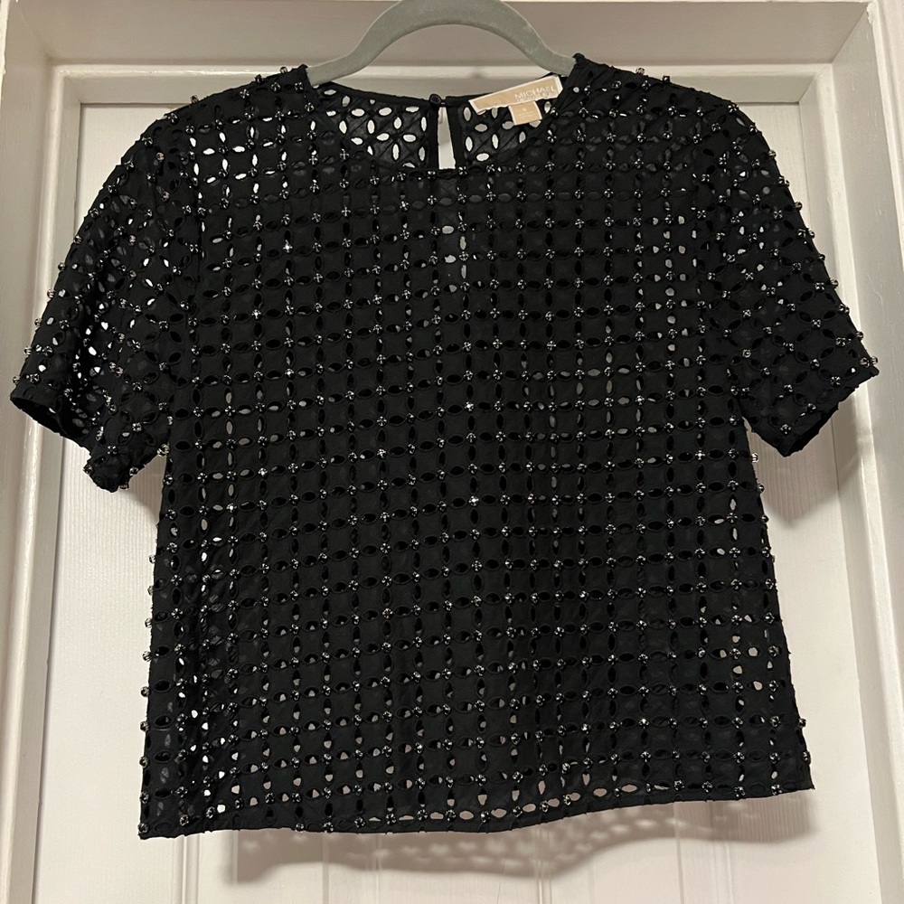 Michael Kors Black Eyelet Black Rhinestone Top